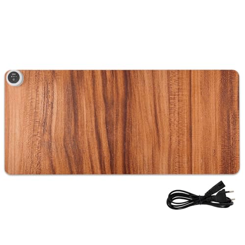 Alfombrilla de ratón con calefacción de cuero de grano de madera marrón de 31.5 x 13 pulgadas, alfombrilla de escritorio cálida de invierno para escritorio de computadora, artículos esenciales de