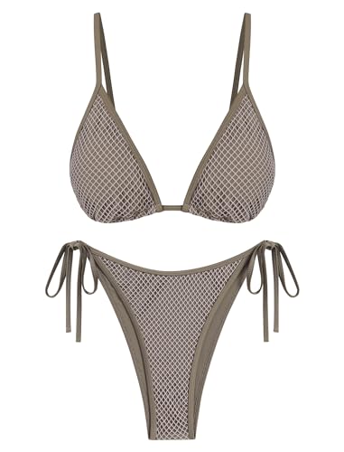 ZAFUL Bikini Sets for Women Triangle Tie Side 2 Piece Swimsuit High Cut Thong Brazilian Bikini Coffee S