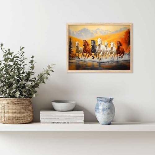 Image of HOTHOUSE Seven Running Vastu Lucky Horse Rising Sun Painting Wall Decor | 7 Horses Vastu Frame Wall Art Painting for Living Room Bedroom Office Home Decor Size (19X25 inch)