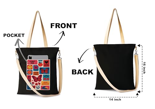 Image of ZORI Black Sling Tote Bag With Pocket and with Beige Straps, Tote Bags For Women large capacity,Tote bag For Shopping, College, Travel, More Canvas Handbag For Unisex