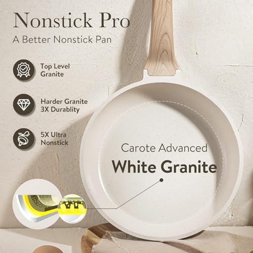 CAROTE Non Stick Frying Pans Set,Nonstick Granite Fry Pan Egg Pan Omelet Pans, Stone Cookware Chef's Pan, PFOA Free,White Granite, 8"+10"+12"