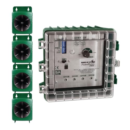 Bird-X Critter Blaster PRO, Sonic Animals and Birds Decoy Device, Control Panel with 4 Speakers, Emits 8 Digitally Recorded Sounds, Easy to Install, Covers 6 Acres, 2–10 kHz Frequency