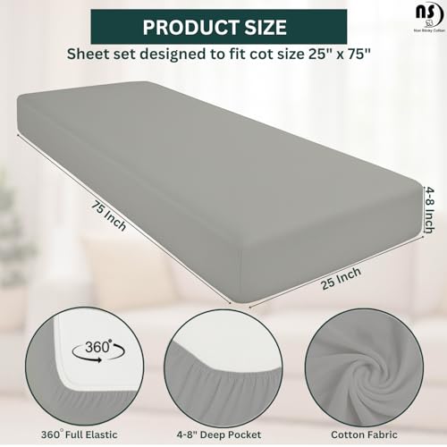 NON Sticky cotton Premium Fitted Cot Sheets, 4 Piece Egyptian Cotton Sheet Set, 8" Deep Pocket Fits Narrow Twin, RV Bunk, Guest Beds, Army Camping Cots, Trifold Mattress 25" X 75", Light Grey Solid - image 5