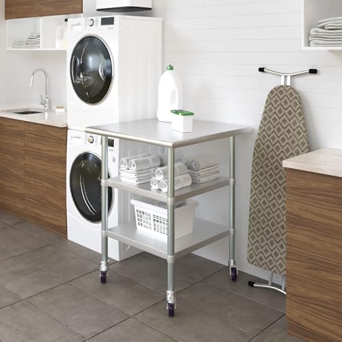 Image of AmGood Stainless Steel Work Table with 2 Shelves and Casters | Metal Utility Table On Wheels (Stainless Steel Work Table with 2 Shelves + Casters, 30 inch Long x 30 inch Deep)