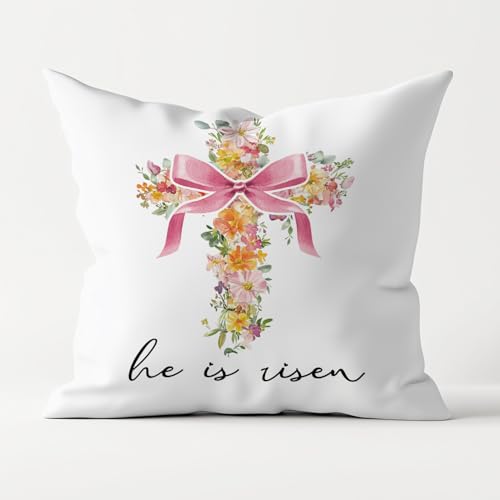 Poecinvi Easter Pink Bow Throw Pillow Covers 18x18, Christian Pillow Covers, He is Risen Coquette Decorations for The Home, Prayer Room Decor, Christian Easter Gifts for Women