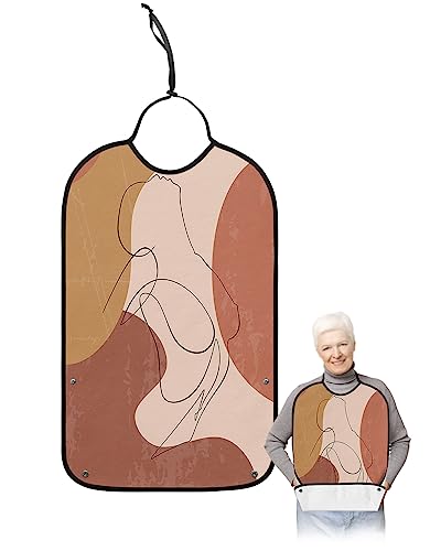 Middle Century Abstract Adult Bibs for Eating, Waterproof Bibs with Food Catcher & Adjustable Snap Closure, Minimalistic Line Art Painting Washable Clothing Protectors Adult Bibs for Elderly Women/Men