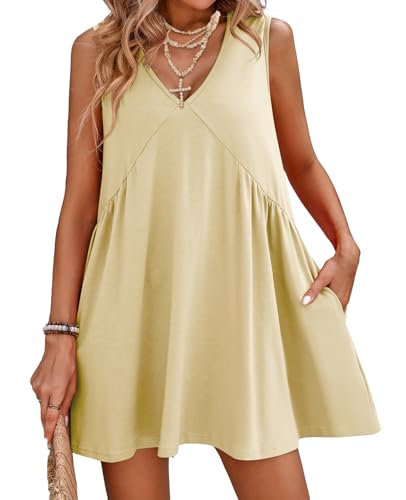 Image of Women's Summer V Neck Sleeveless Mini Dress Casual Loose Pleated Swing Flowy Sundress with Pockets