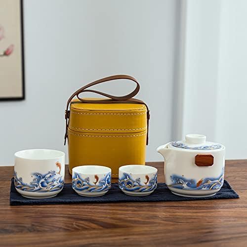 Service à thé, Ensemble de théière en céramique de Voyage, Ensemble de théière et de Tasse Chinoise avec Sac de Rangement Jaune, Service à thé en céramique esthétique Chinois tradi