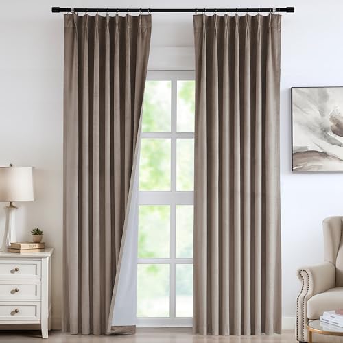 Vision Home Mocha Tan Velvet Pinch Pleated Blackout Curtains 95%