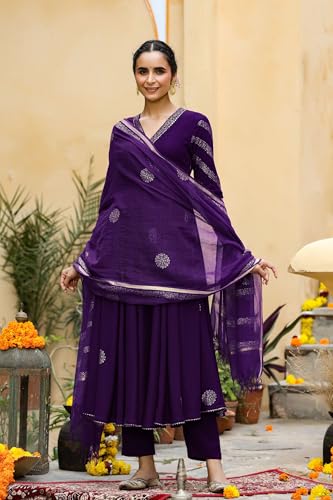 Image of GoSriKi Women's Cotton Blend Printed Anarkali Kurta with Pant & Dupatta | Ethnic Wear for Women | Indian Casual Office Daily Summer Outfit