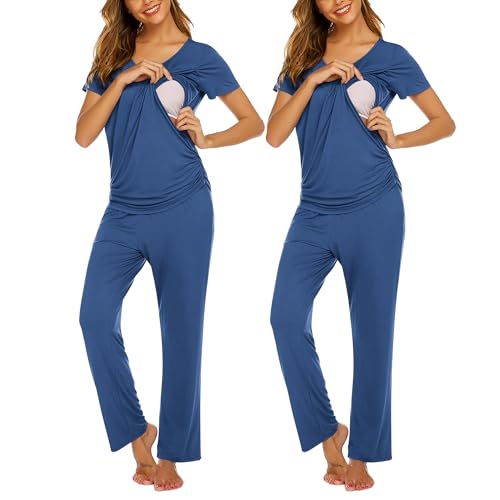 Image of Ekouaer Women's Maternity Nursing Pajamas Set Breastfeeding Sleepwear Double Layer Short Sleeve Top & Pants Pregnancy PJS