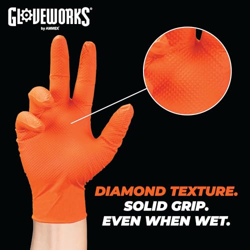 GLOVEWORKS Orange Nitrile Work Gloves, 8 Mil Disposable Heavy Duty, Raised Diamond Grip Mechanic Glove, Large, Case of 1000