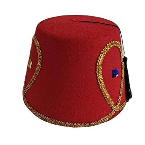 HOHOKANG Exotic Turkish Moroccan Themed Headwear with Gold Trim Black Tassels Fez Hat Egyptian Themed Hat Unique Headpiece