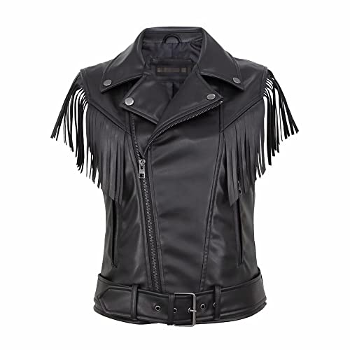 YUNHOME Gilet De Pêche Grande Taille Gilet Chaud Gilet sans Manche Europe Et Amérique Gilet en Cuir Fermeture Éclair Frangé Femmes Court Slim Veste en Cuir PU Gilet Gilet Court-Le Noir_XL