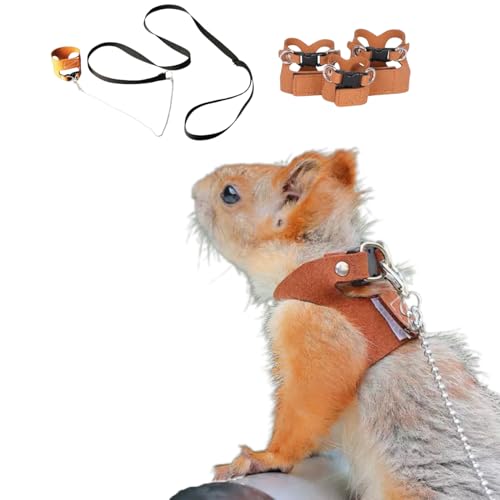 Image of 3 Pack Squirrel Harness and Leash Set - Adjustable Soft Leather & Traction Rope Strap Anti-Biting Chainfor Small Pet Walk Jogging Bearded Dragon Reptile Squirrel Rat