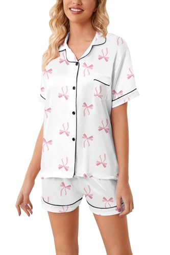 Image of Schbbbta Women Pajamas Set, 2 Pcs Satin Silk Pjs Button Down Sleepwear Soft Comfy Short Sleeve Outfits