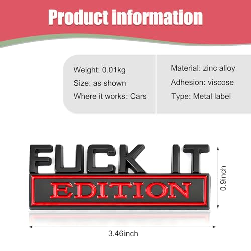 Image of 1 PC Car Fender Badge, 1.18 inch x 3.14 inch Fuck IT Edition Hood Trunk Door Alloy Decorative Car Emblem, Fashionable Personalized Body Decoration Accessories, for Most Models (Black & Red)