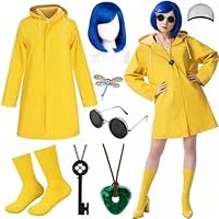 MOVINPE Mystical Adventure Costume Set for Women & Teens, Includes Blue Wig, Yellow Raincoat, Button Glasses, Key Necklace & More – Perfect for Halloween, Cosplay Themed Parties