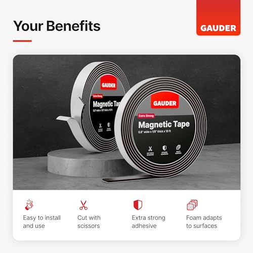 GAUDER Magnetic Tape Extra Strong | Magnetic Strips Extremely Self Adhesive (10' Long x 0.8" Wide x 1/9" Thick) | Magnet Roll