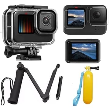 Kit de acessórios para Gopro Hero 9 e Hero 10 Hero 11 Hero 12 Black Película de vidro Caixa Estanque a prova dagua Tripé 3 Way articulado Bastão flutuador (4 itens)
