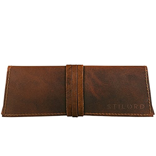 STILORD 'David' Vintage Étui à Crayons en Cuir Pliable Trousse en Cuir Pochette à Crayons pour l'Université Bracelet en Cuir Travail École, Couleur:Cognac - Marron foncé Cover