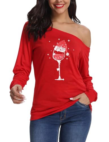Festive Christmas Tees Women Off Shoulder Long Sleeve 9 christmas tees - red wine glass