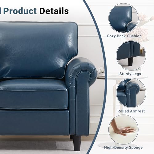 Image of Kingfun Faux Leather 3 Seater Couch, Mid Century Modern Sofa with Rolled Arms and Deep Seats, Fluffy Comfort for Living Room, Apartment, Easy Assembly, Blue