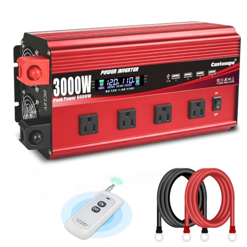 Cantonape 3000W Power Inverter 12V to 110V/120V DC to AC with LCD Display, Remote Controller 4 x AC Outlets and 4 x 3.1A USB Car Adapter for Car Truck Boat RV Solar System