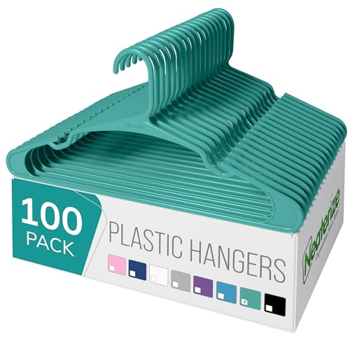 NEATERIZE Clothes Hangers Plastic 100 Pack for Adults - Plastic Hangers, The Perfect Coat Hanger and Space Saving Clothes Hangers for Closet - Aqua Hangers