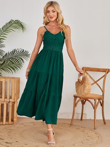 Image of Dokuritu Women's Beach Crochet Lace Maxi Dress Solid Color Summer Vacation Wedding Guest Spaghetti Strap Long Dress