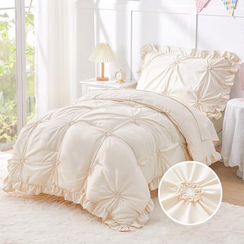 Image of Princess Toddler Bedding Set for Girls, 4 Piece Ruffles Jacquard Embroidery Toddler Bed Sheets with Boho Toddler Comforter, Fitted Sheet, Flat Sheet and Pillowcase, Beige