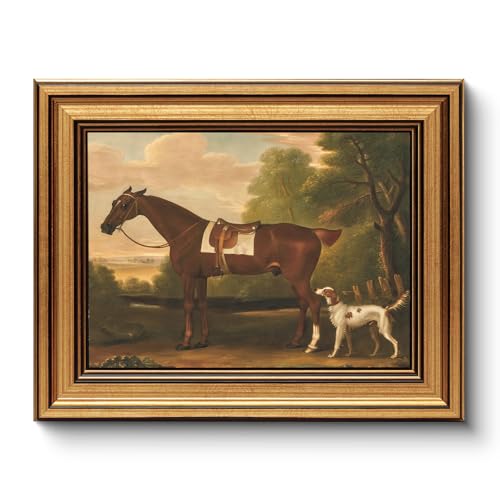 Image of HUARCEY Gold Framed Vintage Wall Art for Living Room, Animals Painting Prints Shelf Decor for Kitchen, Aesthetic Bedroom Wall Art, Best Gifts for Friends or Family - Human Horse Dog 10L x 8W