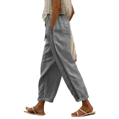 Grey Linen Pants for Women High Waist Dress Pants Womens Summer Lightweight Pants with Pockets Casual Wide Leg Beach Pants XL