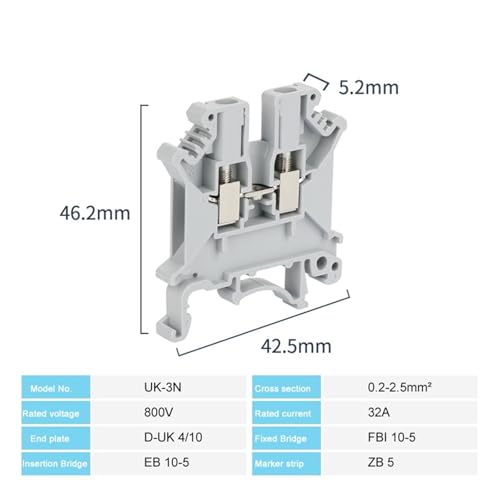 Bornier traversant à vis UK3N connecteur électrique rail DIN gris bloc jonction