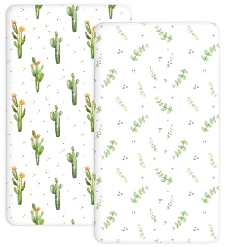 Image of Pack and Play Sheets 2 Pack, Fitted Jersey Knit Mini Crib Sheets for Baby Boys and Girls, Compatible with Graco Pack N Play and Mini Crib Mattress (Desert Green, Pack N Play /Mini Crib Sheets)