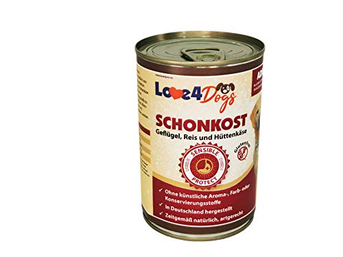 Love4Dog´s Nassfutter SCHONKOST für ausgewachsene Sensible Hunde | 6x400g | Geflügel mit Reis und Hüttenkäse | Hundenassfutter | Alleinfutter | ohne Zusatzstoffe