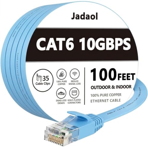 Image of Jadaol Cat6 Ethernet Cable 100FT with Clips 10Gbps Flat Network Cable, Blue