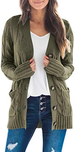 MEROKEETY Women's Long Sleeve Cable Knit Sweater Open Front Cardigan Button Loose Outerwear Army Green