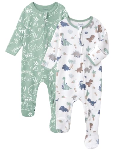 FIEMOL Baby Boy Sleepers 100% Cotton Footie Pajamas, Newborn 0-3 3-6 6-9 Months with 2-Way Zipper & Mitten Cuffs, Ultra Soft 2 Pack Footed PJs Baby Boy Clothes