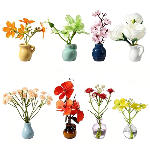 8 Pcs Mini Vase Magnets for Fridge Cute Ceramic and Glass Fridge Magnets with Artificial Flowers Tiny Flower Vase Refrigerator Magnets for Kitchen Locker Office Whiteboard Decor