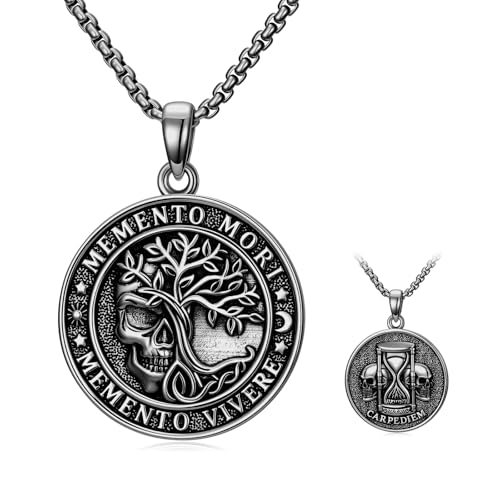 POIUY Memento Mori Urn Necklace for Men Gothic Skull Pendant Stoicism Mori Jewelry skull urn necklace for ashes cremation jewelry Amulet Protection Gifts for Men Women 22+2 Inch Chain