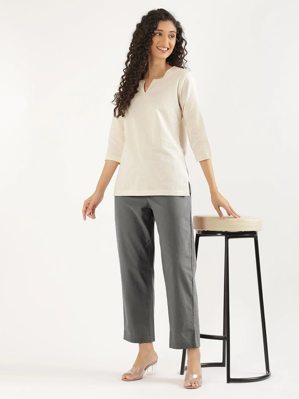 Image of SAADAA Cotton Straight Pants for Women | Breathable Everyday Wear Trousers | Drawstring, Deep Pockets & Elastic Waistband | Casual & Comfortable Fit
