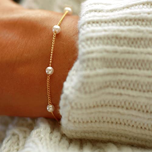 Collner Dainty Gold Bracelet for Women 14K Gold Plated Lightweight Chain Bracelet Herringbone Pearl Circle Bracelet Charm Minimalist Handmade Jewelry Gift2