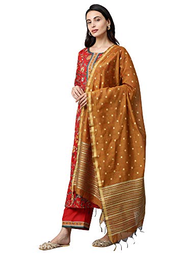 Image of INDO ERA Women's Pure Cotton Printed Straight Kurta with Pant & Dupatta Set (Red IE17KD0RD1869)