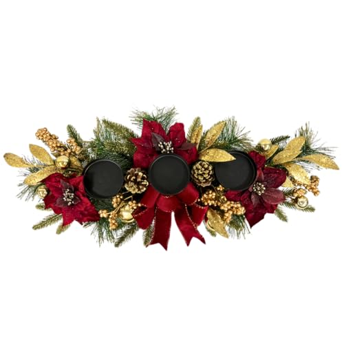 Svndlyn Christmas Candle Holder Christmas Decorations 3 Candle Holders with Red Poinsettia Flowers Decorative Bow Golden Pine Branches Pinecones Berries for Table Centerpiece by Svndlyn - Image 2