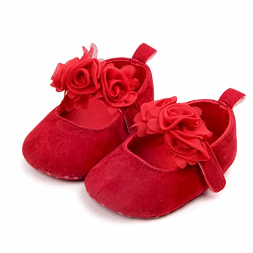 Baby Girls Mary Jane Flats With Bowknot Floral Princess Wedding Dress Shoes Soft Newborn Infant Crib First Walker Prewalker, Red-A, 12-18 Months Toddler #TOP3