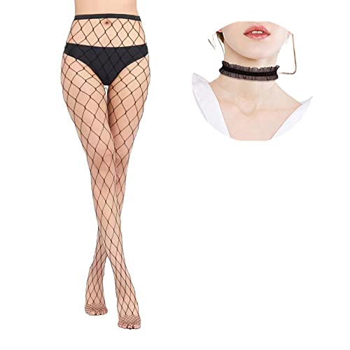 Image of Fishnet Stockings Tights Pantyhose Thigh High Waist Black Lace Patterned for Women with Choker Set