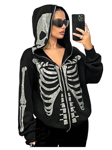 SOLY HUX Women's Y2k Gothic Graphic Hoodie Jacket Zip Up Sparkly Rhinestone Long Sleeve Hooded Sweatshirt Streetwear