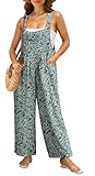 IWOLLENCE Latzhose Damen Sommer Latzhosen Jumpsuits Overall Elegant Romper Locker Lässig Seitentaschen Weich Komfortabel Verstellbare Träger (Grün Weiße Blüte, M)