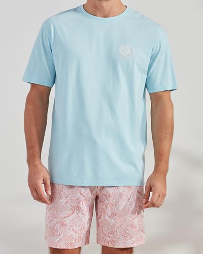 CARIBBEAN JOE Men's Sleep Set, Marlin Logo Shorts and Coral Crew Neck T-Shirt Pajamas, Lightweight Novelty Pjs3